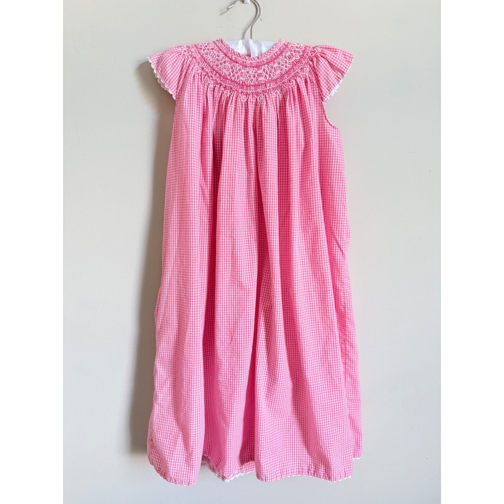 Girls Vintage Smocked Gingham Maxi Dress Pink White Size 5